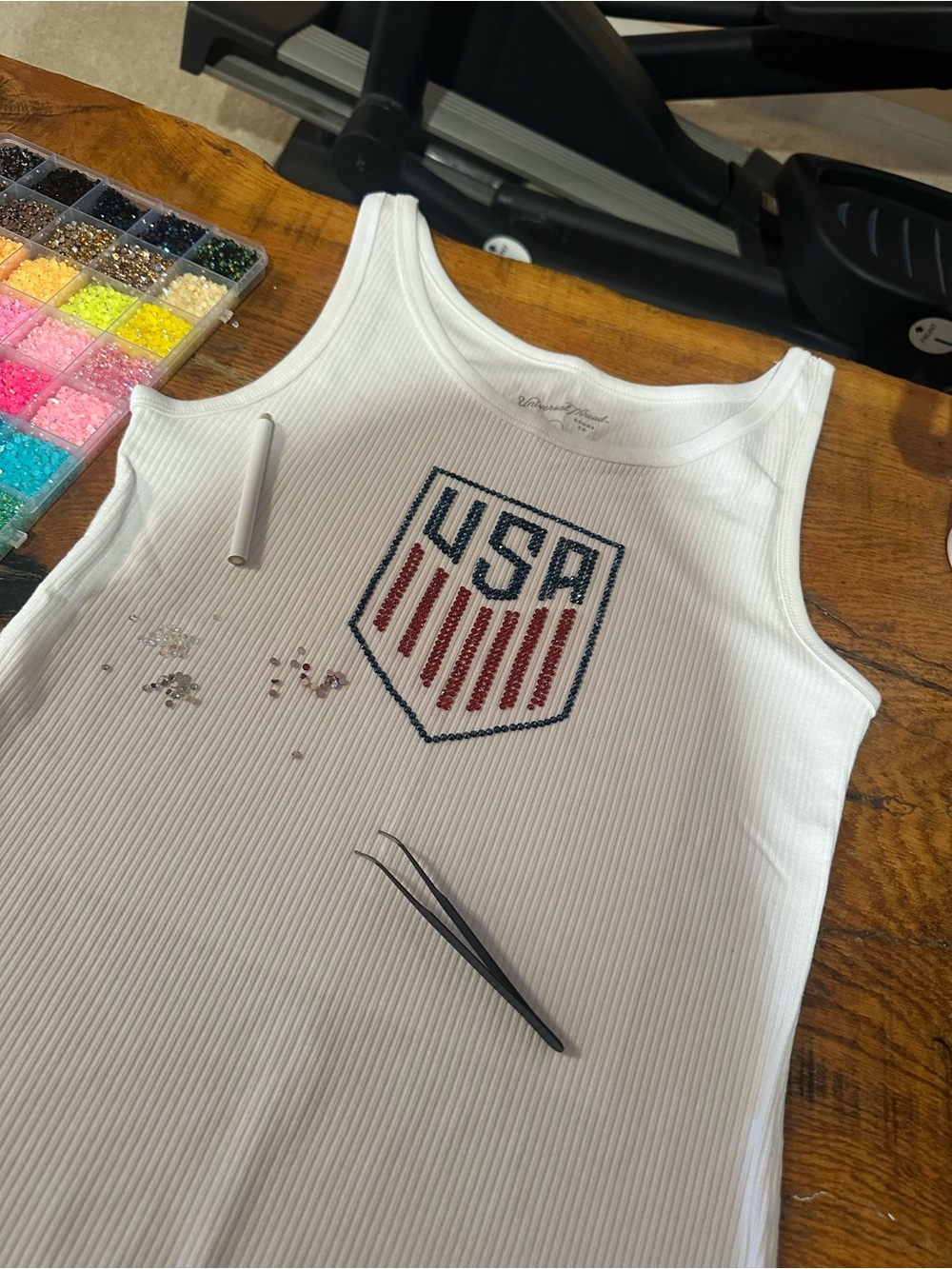 White Ribbed Tank with jewel toned mens and women’s USA soccer logo World Cup